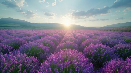 Fototapeta premium Lavender field stretching to the horizon, golden hour
