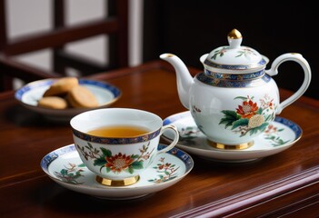 Teapots and cups on the table