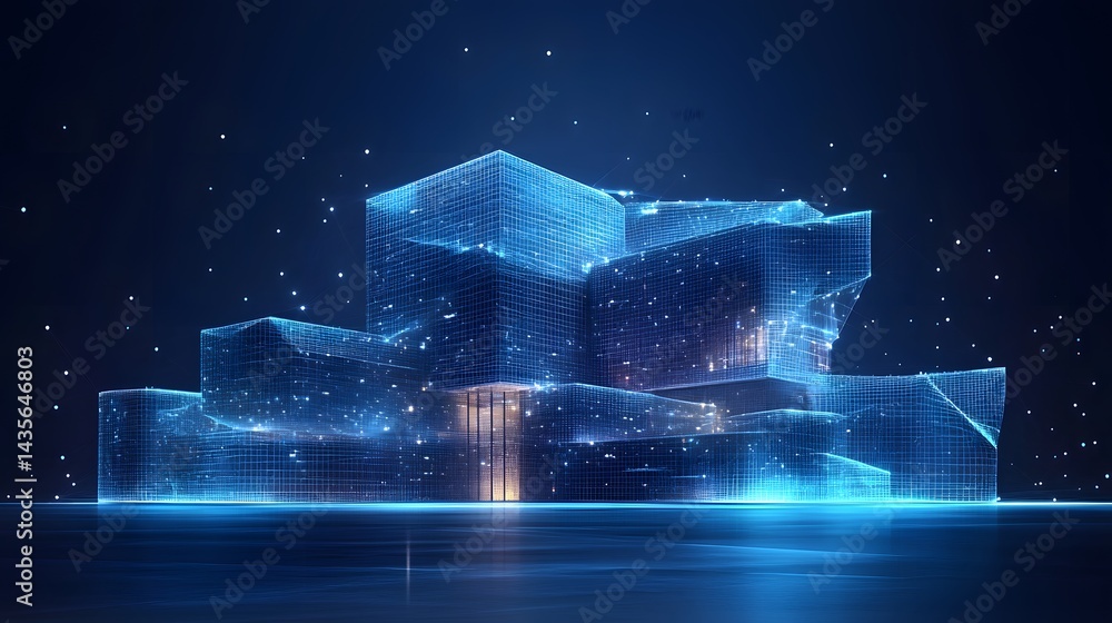 Poster Futuristic architecture gleams in the night. Digital buildings interconnected with soft, blue light, mirrored on a reflective surface. Abstract wireframe in dark blue.