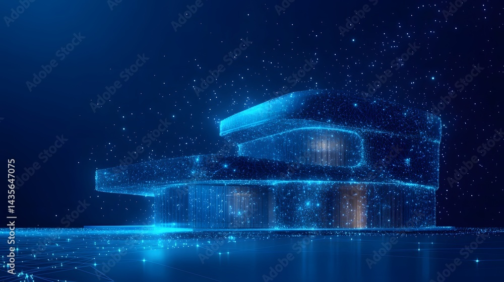 Aufkleber Futuristic two-story building, a luminous wireframe against a dark blue backdrop. Digital landscape with light points creates a high-tech, abstract scene. Abstract wireframe in dark blue