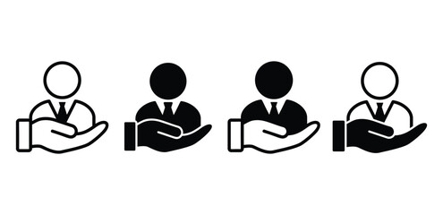 Employee Care Icons Black and White Hand Holding Person Symbols Vector Design