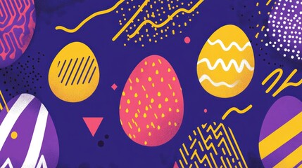 Colorful Easter eggs with geometric patterns on a dark purple background.
