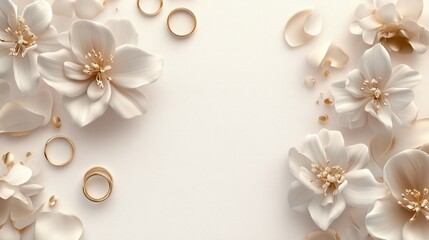Obraz premium Elegant wedding invitation design with white flowers and gold rings on a beige background.