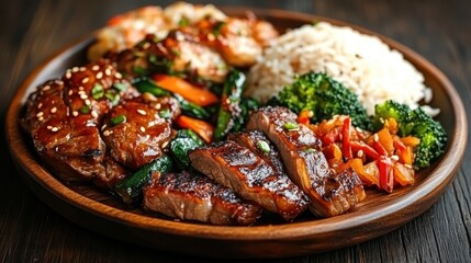 A savory grilled steak served with a variety of vegetables and steamed rice, showcasing an appealing combination of flavors and enticing presentation.