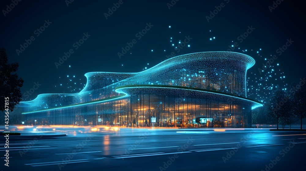 Poster futuristic building glows at night with wave-like blue lights reflecting on wet road. warm interior 
