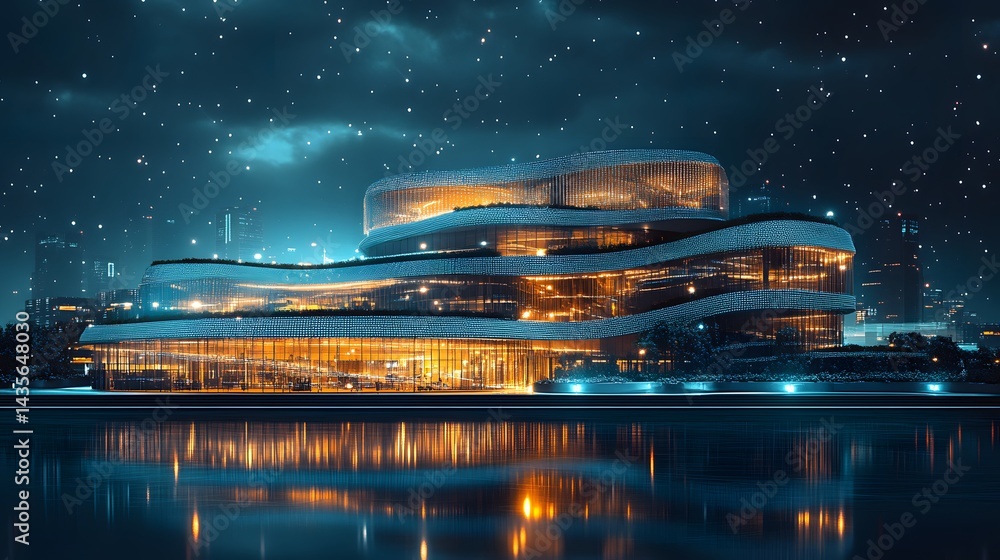 Aufkleber striking modern architecture illuminated at night, reflecting in calm water. a layered building with