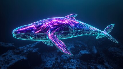 Glowing whale swims deep ocean seabed