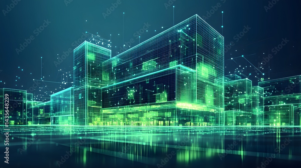 Aufkleber futuristic city with neon-green wireframe buildings reflected in water. digital network connects glo