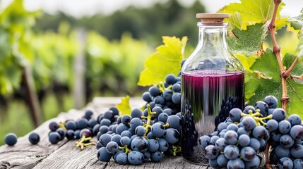 Grapes harvesting process in vineyard bottled juice showcase natural setting close-up view culinary delight