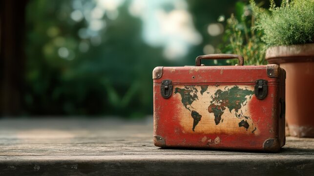A red vintage trunk features a striking world map texture, representing the adventure of travel and exploration, ideal for captivating travel and vintage enthusiasts.