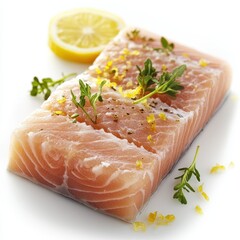 Fresh, uncooked fish fillet, seasoned with herbs and lemon zest.