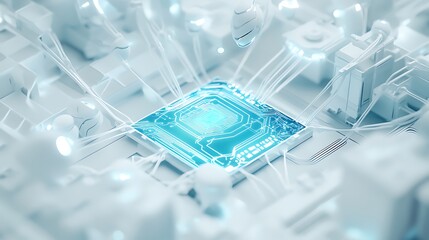 Intricate technological network surrounding a central processor chip.