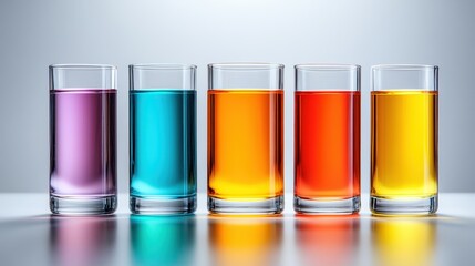 A stunning view of several colorful juices presented in tall glasses, showcasing a beautiful spectrum of colors that evoke freshness and a healthy lifestyle.