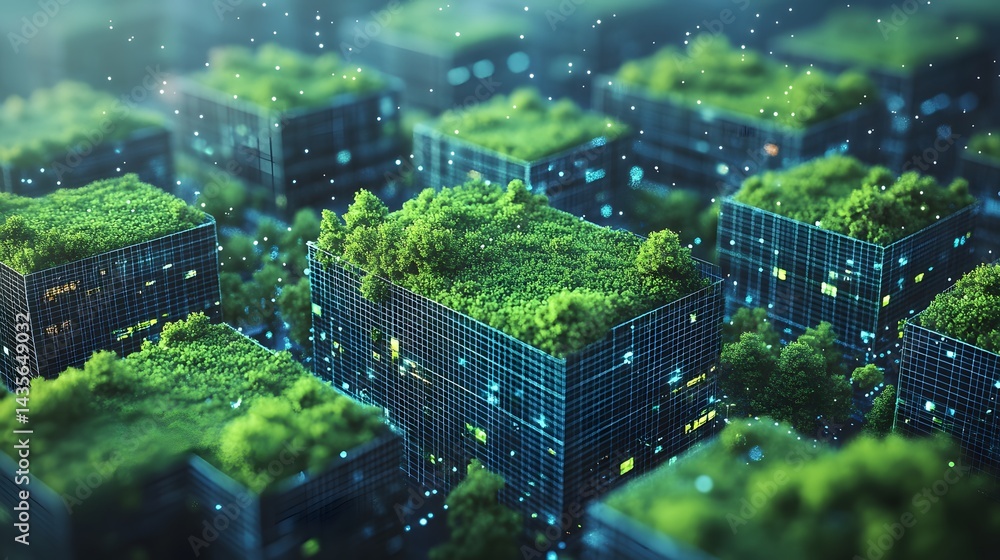 Aufkleber futuristic cityscape featuring cube buildings with grid walls and rooftop gardens. glowing orbs enha