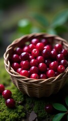 A basket filled with vibrant red cranberries sits amidst green foliage, capturing the essence of fresh, natural produce