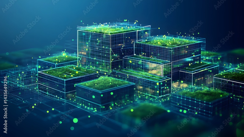 Poster futuristic cityscape with glowing cube structures and green rooftops. interconnected digital environ
