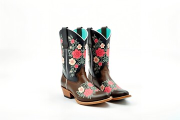 Dark and brown floral cowgirl boots with pink embroidery, isolated on white background