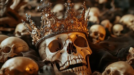 A central skull adorned with a lavish crown is surrounded by numerous other skulls, creating a striking juxtaposition of mortality and royalty in an intriguing composition.