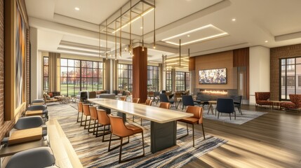 Modern lobby lounge with fireplace, autumn view