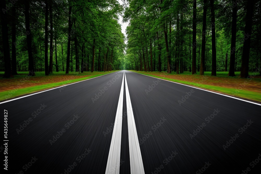 Aufkleber central white dashed road line cutting through forest perspective in symmetrical pattern evoking dir