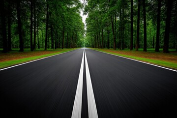 Fototapeta premium Central white dashed road line cutting through forest perspective in symmetrical pattern evoking direction control minimalism and visual motion within natural travel environment design