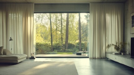 Fototapeta premium Modern home, garden view, sunrise, calm interior