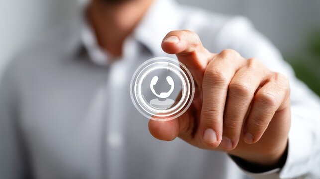 Customer Service at Your Fingertips: A close-up shot of a man's hand, gracefully touching a digitally rendered customer service icon, representing immediate accessibility and support.