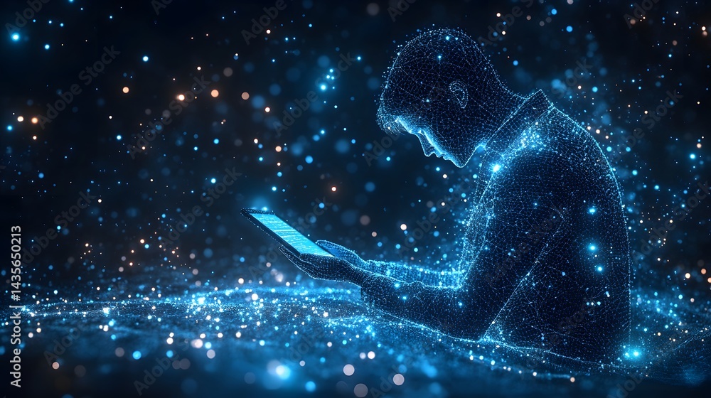 Aufkleber futuristic concept featuring a glowing digital figure interacting with a tablet amidst a bokeh of bl