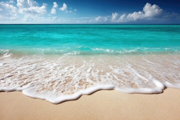 Clear turquoise waves rolling gently over white beach shore in sunny light conveying tropical serenity freshness nature energy and coast calmness in oceanic visual environment concept