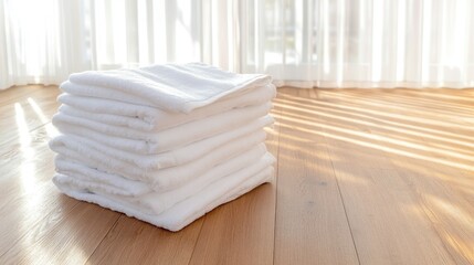 Neatly stacked white towels on a warm wooden floor, illuminated by natural light streaming through the window, creating a fresh and inviting atmosphere for relaxation.
