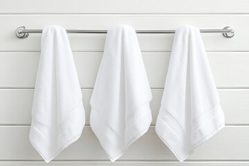 White bath towels hanging on a rod