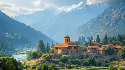 Fototapeta premium Serene mountain landscape featuring a picturesque village beside a river