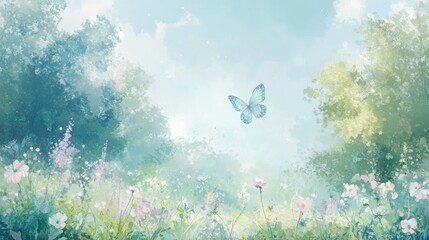 Serene butterfly floats over a sunlit meadow of wildflowers and lush green trees under a bright sky.