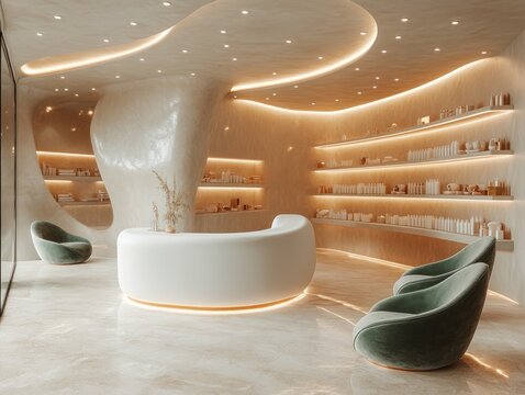 Modern, minimalist spa retail interior design.
