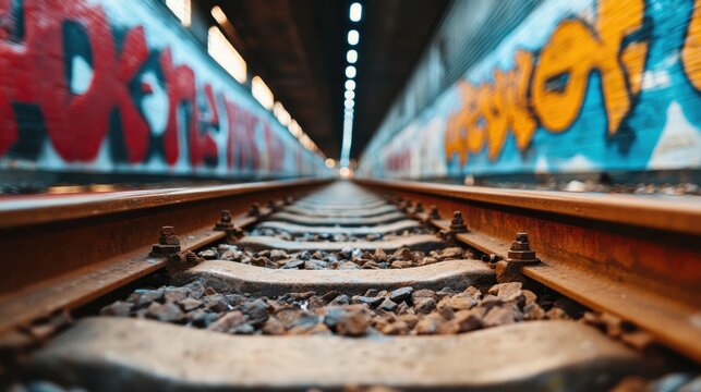 A captivating perspective of railway tracks converging into a colorful graffiti tunnel, inviting viewers to explore the vibrancy and urban artistry present within the structure. - Powered by Adobe