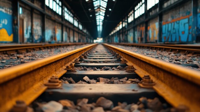 A beautifully textured view of abandoned railway tracks set against graffiti-covered walls, evoking emotions of nostalgia while showcasing urban artistry and industrial beauty.
