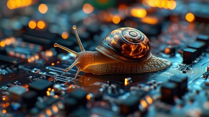 Snail crawling on a circuit board, representing slow technology.