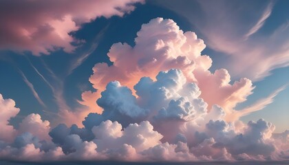 Stunning sky filled with layers of fluffy, soft pink and white clouds during a beautiful sunrise.
