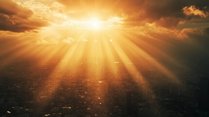 Obraz premium Golden sun rays breaking through clouds, illuminating cityscape at sunset.