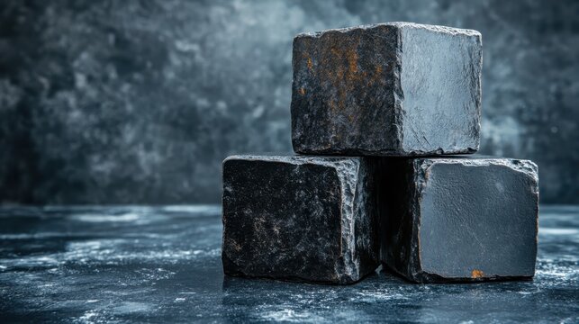The image captures three meticulously arranged black cubes resting on a textured dark surface, symbolizing strength and permanence in a minimalist yet impactful composition.