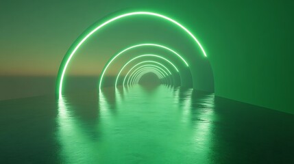 Futuristic neon green arches form a mesmerizing tunnel.