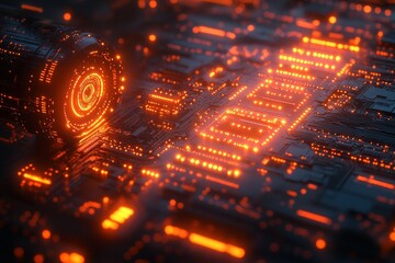 Obraz premium Futuristic circuit board glows orange. Data processing