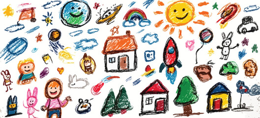 Colorful Childlike Crayon Doodle Pattern with Houses, Trees, Rockets, Animals, and Space Elements on White Background- Adobe Illustrator Artwork