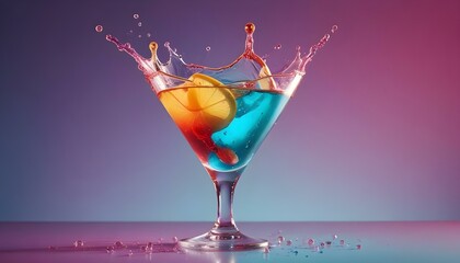 A vibrant cocktail in a martini glass with a lemon slice, creating a beautiful splash.