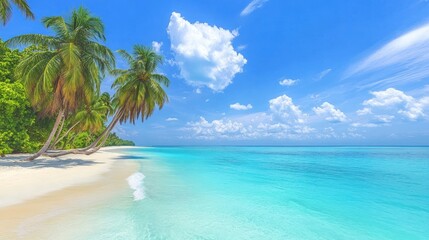 Tropical beach paradise, clear ocean, palm trees