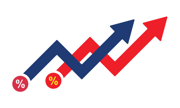 Arrow going up symbol with percentage sign. Import tariffs increasing graph symbol with the colour of USA and China flag. Transparent PNG and vector illustration.