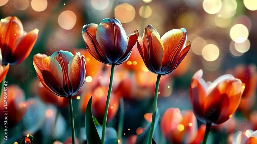 Poster a beautiful display of colorful tulips surrounded by soft bokeh lights. ideal for nature lovers and 