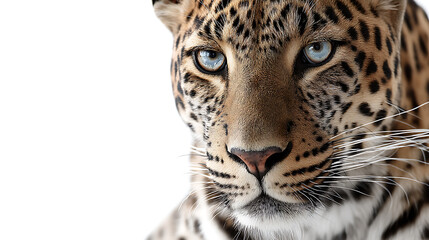 Naklejka premium Close-up of a majestic leopard's face showcasing its striking blue eyes and detailed fur pattern
