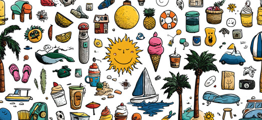 Colorful Childlike Crayon Doodle Pattern with Houses, Trees, Rockets, Animals, and Space Elements on White Background- Adobe Illustrator Artwork