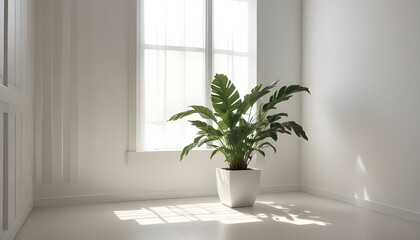 A vibrant tropical houseplant stands in a bright, minimalist, white interior room by the window.